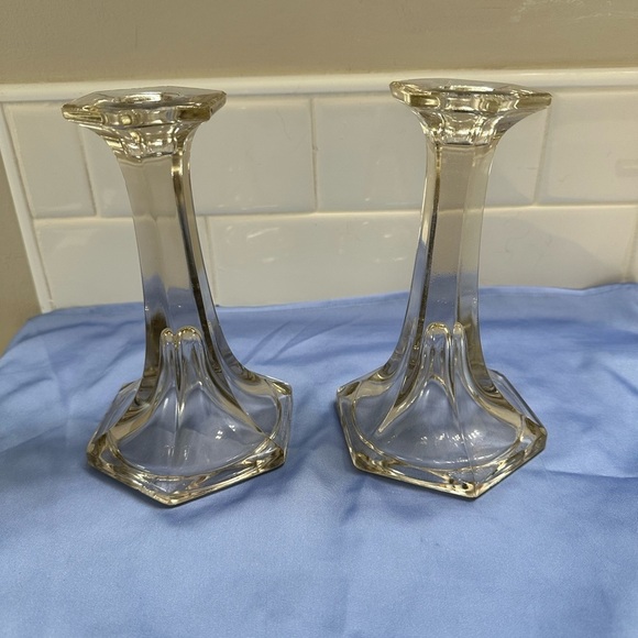 None Other - Vintage Crystal Glass Candlestick Holders Set of Two Hexagon Base Flute Design